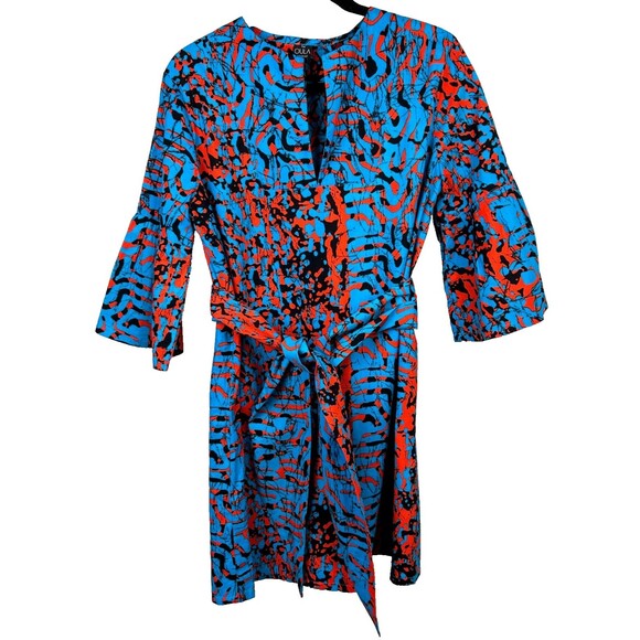 The OULA Company Tie Front Split Neck Dress Blue Orange Print Bell Sleeves S EUC - Picture 2 of 12